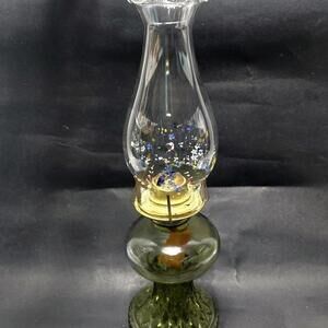 1950s Green Glass Kerosene/Oil Lamp with Painted Floral Chimney Textured Base